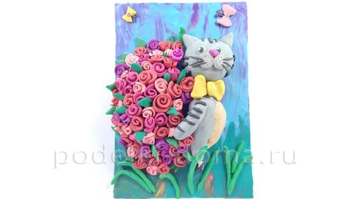 Аппликация из пластилина «Котик с букетом» Аппликация из пластилина «Котик с букетом»